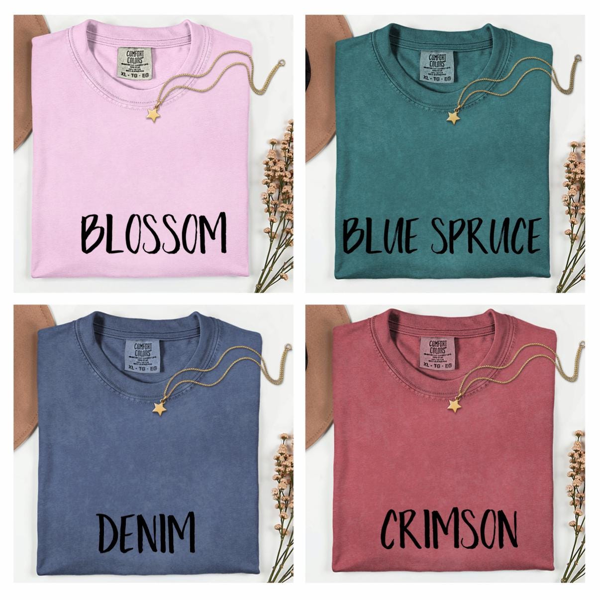 The image is a collage of four images, each showing a different color of a t-shirt with a label indicating the color and the word "BLOSSOM" written on it.