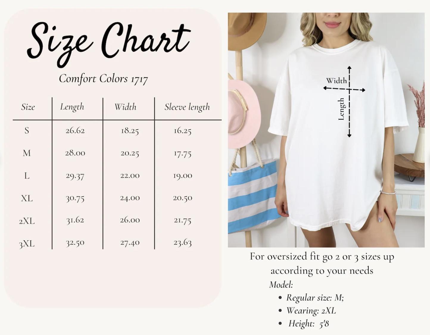 The image is a size chart for a white t-shirt, providing measurements for different sizes, including S, M, L, XL, and XL. It also includes a model description for the t-shirt, indicating that it is suitable for oversize fits, and that the model can be regular size (M), wearing size (XL), or height (XL).